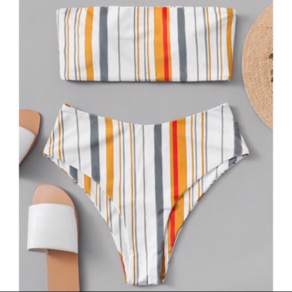 Striped BANdeau high leg bikini NWT
